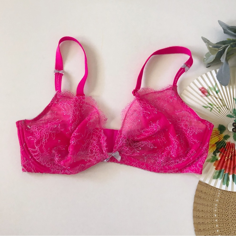 3/$12 Victoria’s Secret Very Sexy Unlined Plunge Neon Pink Sheer Lace Bra